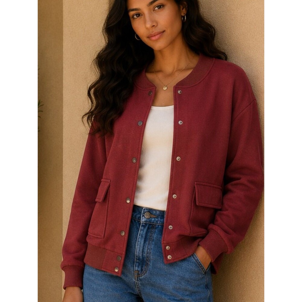 Women’s Burgundy Snap Front Jacket Large Casual Utility Bomber